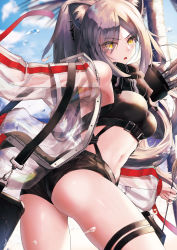 Rule 34 | 1girl, absurdres, alter (kxk7357), animal ear fluff, animal ears, arknights, armpits, arrow (projectile), ass, bare shoulders, belt, black belt, black scarf, black shirt, black shorts, blue sky, blurry, blurry background, breasts, cat ears, cat tail, commentary, cowboy shot, crop top, ear piercing, eyes visible through hair, from behind, highres, holding, holding arrow, holster, jacket, large breasts, long hair, long sleeves, looking at viewer, micro shorts, midriff, navel, off-shoulder jacket, off shoulder, open clothes, open jacket, outstretched arm, palm tree, piercing, ponytail, quiver, scarf, schwarz (arknights), see-through, shirt, short shorts, shorts, sidelocks, signature, silver hair, sky, sleeveless, sleeveless shirt, solo, standing, tail, thigh holster, tree, triangle mouth, twisted torso, underbust, water drop, yellow eyes