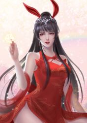Rule 34 | 1girl, absurdres, animal ears, bare shoulders, bing tang hulu, brown hair, china dress, chinese clothes, douluo dalu, dress, hair ornament, highres, pointing, ponytail, rabbit ears, red dress, snowflakes, thighs, xiao wu (douluo dalu)