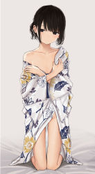 Rule 34 | 1girl, akipeko, bare legs, bed sheet, black eyes, black hair, blush, closed mouth, collarbone, commentary request, flat chest, floral print, full body, grey background, groin, highres, japanese clothes, kimono, kneeling, long sleeves, looking at viewer, naked kimono, no bra, no panties, off shoulder, open clothes, open kimono, original, print kimono, short hair, simple background, single bare shoulder, solo, undressing, white kimono, wide sleeves