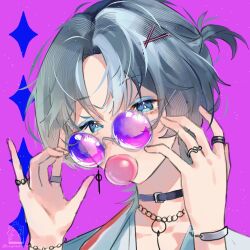 Rule 34 | 1girl, absurdres, artist logo, black choker, blowing bubbles, blue eyes, blue eyeshadow, blue hair, bracelet, chain, chain necklace, chewing gum, choker, commentary, english commentary, expressionless, eyelashes, eyeshadow, hair ornament, hairclip, highres, hiodoshi ao, hololive, hololive dev is, jewelry, looking at viewer, makeup, mercs (kapebeovorus), multiple rings, necklace, parted bangs, portrait, purple-tinted eyewear, purple background, regloss, ring, round eyewear, shirt, short hair, short ponytail, solo, sunglasses, tinted eyewear, twitter username, virtual youtuber, white shirt