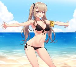 Rule 34 | 1girl, :d, armband, bad id, bad pixiv id, beach, bikini, black bikini, blue sky, bow, breasts, brown hair, cleavage, commentary request, contrapposto, day, girls&#039; frontline, gluteal fold, hair bow, highres, horizon, large breasts, long hair, looking at viewer, narynn, navel, open mouth, outdoors, outstretched arms, outstretched hand, purple eyes, scar, scar across eye, scar on face, side-tie bikini bottom, sidelocks, sky, smile, solo, standing, strap gap, string bikini, swimsuit, twintails, ump9 (girls&#039; frontline), water, wet, wet hair