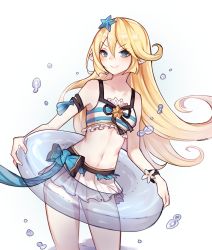 Rule 34 | &gt;:), 1girl, bad id, bad pixiv id, bikini, blonde hair, blue eyes, blush, charlotta (granblue fantasy), closed mouth, collarbone, cowboy shot, flower, frilled swimsuit, frills, granblue fantasy, hair between eyes, hair ornament, highres, innertube, leaning to the side, long hair, looking to the side, navel, pointy ears, solo, standing, star (symbol), star hair ornament, swim ring, swimsuit, tankini, v-shaped eyebrows, water drop, white background, xoaiu