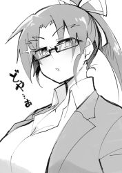 Rule 34 | 1girl, black hair, blush, breasts, cleavage, collarbone, collared shirt, commentary request, formal, glasses, glint, greyscale, hair ribbon, hannpen5500, jacket, kousaka shigure, large breasts, long hair, looking at viewer, monochrome, office lady, parted lips, ponytail, ribbon, shijou saikyou no deshi ken&#039;ichi, shirt, simple background, solo, suit, upper body
