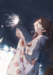 Rule 34 | 1girl, absurdres, blue eyes, brown hair, closed mouth, fireworks, floral print, flower, from side, highres, holding fireworks, japanese clothes, kimono, kissshotmagia, long hair, looking at viewer, neon genesis evangelion, night, outdoors, solo, souryuu asuka langley, sparkler, standing, white flower, white kimono, yukata