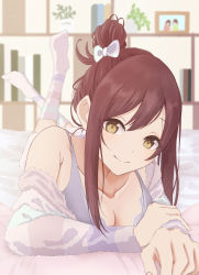 Rule 34 | 1girl, armpit crease, bed, bed sheet, blurry, book, bow, breasts, cleavage, collarbone, depth of field, drawing (object), grey tank top, hair bow, hair bun, highres, holding own arm, idolmaster, idolmaster shiny colors, indoors, jacket, jacket partially removed, knees up, looking at viewer, lying, medium breasts, nasu danshaku, on stomach, open clothes, open jacket, osaki amana, picture frame, red hair, shelf, single hair bun, smile, solo, tank top