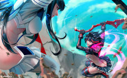 Rule 34 | 2girls, black hair, blue eyes, blue sky, boots, breasts, debris, eyebrows, fighting, fighting stance, gloves, high heels, holding, holding weapon, kill la kill, kiryuuin satsuki, long hair, looking at another, matoi ryuuko, microskirt, midriff, multicolored hair, multiple girls, navel, open mouth, outdoors, pleated skirt, revealing clothes, rock, short hair, sideboob, skirt, sky, stomach, streaked hair, suspenders, sword, thigh boots, thighhighs, thighs, two-tone hair, weapon, white legwear, whoareuu