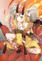 Rule 34 | 1girl, blonde hair, claws, fate/grand order, fate (series), female focus, highres, horns, ibaraki douji (fate), japanese clothes, kimono, long hair, looking at viewer, off shoulder, oni, oni horns, ookamiryouko, short kimono, sitting, solo, yellow eyes, yellow kimono