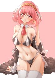 Rule 34 | 1girl, alternate costume, bikini, black bikini, breasts, cleavage, commentary, deekei, fire emblem, fire emblem engage, hair ribbon, hairband, highres, lapis (fire emblem), large breasts, looking at viewer, maid, maid bikini, medium hair, midriff, navel, necktie, nintendo, open mouth, pink eyes, pink hair, ribbon, simple background, solo, swimsuit, thighhighs, unconventional maid, white ribbon