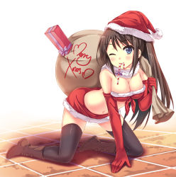 Rule 34 | 1girl, all fours, bad id, bad pixiv id, black hair, black thighhighs, blue eyes, blush, boots, breasts, candy, candy cane, christmas, cleavage, elbow gloves, food, front-tie top, gift, gloves, hat, large breasts, long hair, merry christmas, mouth hold, navel, one eye closed, original, peach88, red gloves, sack, santa costume, santa hat, skirt, smile, solo, thighhighs, wink