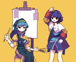Rule 34 | 2girls, 4qw5, apron, blue hair, capelet, character request, copyright request, drawing board, dress, green apron, green headwear, hairband, haniyasushin keiki, highres, jewelry, long sleeves, miniskirt, multicolored clothes, multicolored hairband, multicolored skirt, multiple girls, necklace, paintbrush, skirt, tenkyuu chimata, touhou, white capelet, yellow background, yellow dress