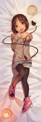 Rule 34 | 1girl, :p, bed sheet, black thighhighs, blush, brown eyes, brown hair, brown sweater, candle, collarbone, dakimakura (medium), demon girl, demon tail, full body, highres, long sleeves, looking at viewer, lying, miyu (tiny evil), muk (monsieur), on back, open mouth, original, pink footwear, shoes, short hair, sleeves past wrists, solo, sweater, tail, teeth, thighhighs, tiny evil, tongue, tongue out