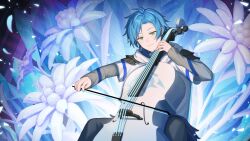 Rule 34 | 1boy, blue hair, cello, closed mouth, commentary, curtained hair, english commentary, facing viewer, flower, green eyes, highres, holostars, holostars english, hood, hoodie, ice crystal, instrument, layered sleeves, light blue hair, light smile, long sleeves, looking down, male focus, music, playing instrument, regis altare, short over long sleeves, short sleeves, sitting, solo, upper body, virtual youtuber, white flower, white hoodie, wuji g