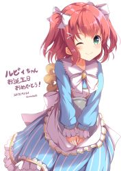 Rule 34 | 1girl, ;), apron, aqua eyes, blue dress, bow, character name, commentary request, dated, dress, frilled apron, frills, hair bow, hair ornament, hairpin, happy birthday, kurosawa ruby, long sleeves, looking at viewer, love live!, love live! school idol festival, love live! sunshine!!, niwasane (saneatsu03), one eye closed, red hair, simple background, smile, solo, tray, twitter username, two side up, white background, white bow, winding key