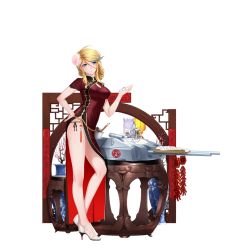 Rule 34 | 1girl, ahoge, alternate costume, alternate hairstyle, bare legs, beer mug, blonde hair, blue eyes, blush, breasts, cannon, china dress, chinese clothes, chinese text, cleavage, cleavage cutout, closed mouth, clothing cutout, covered erect nipples, cup, dress, dumpling, earrings, eyebrows, firecrackers, flower, food, full body, hair between eyes, hair flower, hair ornament, hand on own hip, high heels, holding, jewelry, large breasts, looking to the side, mug, multicolored hair, official art, panties, rail (silverbow), red dress, scharnhorst (warship girls r), shoes, short sleeves, side-tie panties, side slit, solo, standing, table, transparent background, tray, turret, two-tone hair, underwear, vase, warship girls r, white footwear