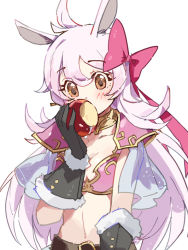 Rule 34 | 1girl, animal ears, apple, armor, belt, belt buckle, black belt, black gloves, blush, bow, breasts, brown eyes, buckle, cleavage, commentary request, eating, food, fruit, fur-trimmed gloves, fur trim, gloves, hair between eyes, hair bow, hand up, holding, holding food, lima (princess connect!), long hair, looking at object, looking away, looking down, medium breasts, navel, pauldrons, pink bow, pink hair, princess connect!, red apple, see-through, shadowsinking, shoulder armor, simple background, solo, upper body, very long hair, white background