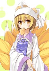 Rule 34 | 1girl, blonde hair, food, fox tail, hat, inarizushi, looking at viewer, mouth hold, multiple tails, short hair, sketch, solo, sushi, tail, touhou, wide sleeves, yakumo ran, yellow eyes, yuuhagi (amaretto-no-natsu)