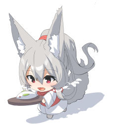 Rule 34 | 1girl, animal ear fluff, animal ears, barefoot, blush, breath, commentary request, fox ears, fox girl, fox tail, grey hair, hair between eyes, holding, holding tray, japanese clothes, kimono, long hair, long sleeves, original, ponytail, red eyes, shadow, simple background, snow rabbit, solo, tail, tray, very long hair, walking, white background, white kimono, wide sleeves, yuuji (yukimimi)