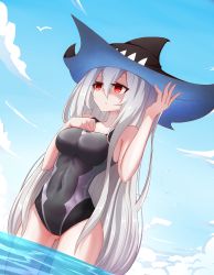 Rule 34 | 1girl, arknights, bare arms, bare shoulders, black headwear, black one-piece swimsuit, blue sky, breasts, chinese commentary, cloud, collarbone, commentary request, covered navel, cowboy shot, day, dutch angle, gluteal fold, groin, hair between eyes, hand on own chest, hands up, highres, huizhiyin, large breasts, long hair, one-piece swimsuit, outdoors, red eyes, silver hair, skadi (arknights), sky, solo, standing, swimsuit, taut clothes, taut swimsuit, thighs, very long hair, wading, water
