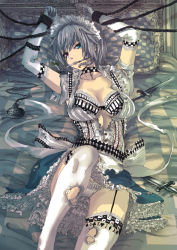 Rule 34 | 1girl, alternate costume, arms up, bdsm, bed, bed sheet, blanket, blue eyes, bondage, bound, bow, bra, braid, breasts, chain, chibi, cleavage, dagger, elbow gloves, frilled bra, frills, garter straps, gloves, heterochromia, highres, izayoi sakuya, knife, large breasts, lingerie, looking at viewer, lying, maid, maid headdress, mouth hold, on bed, panties, pantyshot, panzer (p.z), pillow, pocket watch, red eyes, restrained, short hair, silver hair, solo, striped bra, striped clothes, thighhighs, torn clothes, torn thighhighs, touhou, underwear, watch, weapon, white gloves, white panties, white thighhighs