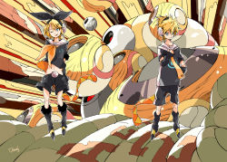Rule 34 | 1boy, 1girl, abstract background, alternate costume, arm warmers, belt, blonde hair, blue eyes, brother and sister, clothes lift, clothes writing, floating, food, fruit, fur trim, hair ornament, hair ribbon, hairclip, hand on own hip, headphones, kagamine len, kagamine rin, leg warmers, looking at viewer, looking away, makkamu, midriff, navel, neck ribbon, necktie, one eye closed, open mouth, ribbon, sailor collar, shirt lift, short hair, short sleeves, shorts, siblings, signature, smile, twins, vocaloid, wind, yellow theme