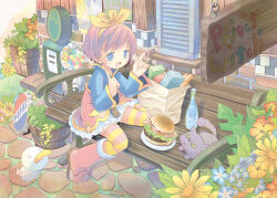 Rule 34 | 1girl, bag, baguette, bird, blue eyes, blue shirt, boots, bottle, bottle cap, bow, bread, building, burger, cat, character request, child, duck, flower, food, from above, full body, fur boots, groceries, grocery bag, gumball machine, hair bow, headband, highres, index fingers raised, light blush, long sleeves, marl (project witch), moetan, no nose, on bench, open mouth, outdoors, paper bag, pastel colors, pen-kun, pepsi, petticoat, pink footwear, pink hair, pink skirt, plant, plate, pop (electromagneticwave), poster (object), potted plant, project witch, shirt, shopping bag, short hair, sitting, skindentation, skirt, smile, solo, spread legs, stone floor, thighhighs, wariza, wide sleeves, window blinds, wooden bench, yellow headband, zettai ryouiki
