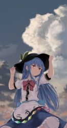 Rule 34 | 1girl, :o, arms up, black hat, blue hair, blue skirt, blurry, blush, bow, center frills, cloud, cloudy sky, collared shirt, day, depth of field, frilled skirt, frills, hands on headwear, hat, highres, hinanawi tenshi, leaf, long hair, looking away, looking to the side, medium skirt, momoiro lettuce, outdoors, parted lips, purple bow, purple neckwear, rainbow order, red eyes, shirt, short sleeves, sidelocks, skirt, sky, solo, straight hair, touhou, very long hair, white shirt, wing collar