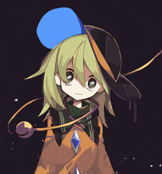 Rule 34 | 1girl, black background, black hat, blouse, bright pupils, buttons, closed mouth, commentary, diamond button, frilled shirt collar, frills, green eyes, green hair, hair between eyes, hat, hatsushiro mamimu, highres, komeiji koishi, looking at viewer, medium hair, rectangular pupils, shirt, simple background, smile, solo, symbol-only commentary, symbol-shaped pupils, third eye, touhou, upper body, white pupils, yellow shirt