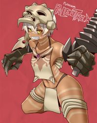 Rule 34 | 1girl, altronage, character name, clenched teeth, commentary, dark skin, dark-skinned female, english commentary, genderswap, genderswap (mtf), highres, looking at viewer, mecha musume, paleotrex, personification, predacon, short hair, solo, teeth, transformers, transformers: war for cybertron trilogy, white hair, yellow eyes