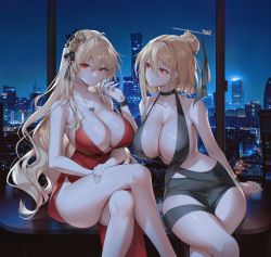 Rule 34 | 2girls, absurdres, aliceliese lou nebulis ix, azur lane, bare arms, bare legs, bare shoulders, black choker, black dress, blonde hair, breasts, center opening, choker, cityscape, cleavage, closed mouth, collarbone, commission, cowboy shot, crossed bangs, crossed legs, crossover, dress, evening gown, feet out of frame, flower, hair between eyes, hair bun, hair flower, hair ornament, hair stick, hairpin, halter dress, halterneck, hand up, hands on own thighs, highres, huge breasts, indoors, jewelry, kimi to boku no saigo no senjou arui wa sekai ga hajimaru seisen, large breasts, long dress, long hair, looking at another, looking at viewer, multiple girls, neck, necklace, night, night sky, no bra, no panties, on table, prince of wales (azur lane), red choker, red dress, red eyes, red flower, revealing clothes, rose, sidelocks, sitting, sky, table, thighs, wavy hair, whois, window, yellow flower