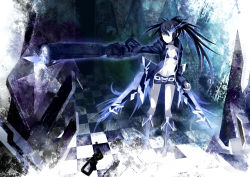 Rule 34 | 10s, 1girl, arm cannon, bad id, bad pixiv id, bikini, bikini top only, black hair, black rock shooter, black rock shooter (character), black rock shooter (game), blue eyes, female focus, glowing, glowing eyes, gradient background, jebura, long hair, navel, pale skin, shorts, solo, swimsuit, twintails, weapon