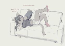 Rule 34 | 1girl, 3yo4yo5yo, animal ears, black hair, cat ears, cat tail, child, couch, english text, fang, female focus, food, food on face, furry, furry female, grey fur, hard-translated, lying, nintendo switch, on back, on couch, original, playing games, short shorts, shorts, solo, tail, third-party edit, translated