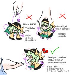 Rule 34 | &gt; &lt;, &gt;o&lt;, 0 0, 1girl, 1other, :d, :o, black footwear, black headwear, blouse, blush, checkmark, chibi, closed eyes, commentary, english text, eyeball, frilled skirt, frilled sleeves, frills, fub (fubimanji), green hair, green skirt, hat, hat ribbon, heart, heart of string, highres, how to hold x (meme), komeiji koishi, light green hair, long sleeves, medium hair, meme, mini person, minigirl, mixed-language text, motion lines, multiple views, open mouth, ribbon, shirt, simple background, skirt, smile, third eye, touhou, translation request, wavy hair, white background, wide sleeves, x, yellow ribbon, yellow shirt