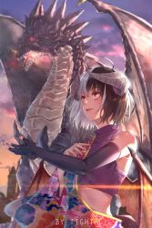 Rule 34 | 1girl, artist name, asymmetrical clothes, black gloves, black hair, cloud, crossed bangs, dragon, dragon horns, dragon wings, elbow gloves, facing viewer, fingerless gloves, gloves, highres, horns, long hair, multicolored hair, original, outdoors, red eyes, single elbow glove, solo, sunset, tight (ohmygod), two-tone hair, upper body, white hair, wings