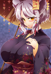 Rule 34 | 10s, 1girl, alternate costume, animal ears, blush, breasts, brown eyes, fantasista doll, gigantic breasts, hand on own chest, highres, huge breasts, japanese clothes, kimono, long hair, looking at viewer, mouse ears, ofuda, parted lips, raised eyebrow, silver hair, solo, sweatdrop, tokyo (great akuta), umbrella, yougen (fantasista doll)
