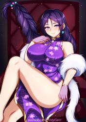 Rule 34 | 1girl, bare shoulders, blush, braid, braided ponytail, breasts, closed mouth, commentary, crossed legs, dress, earrings, english commentary, fate/grand order, fate (series), feather boa, floral print, floral print dress, foxykuro, gloves, highres, jewelry, large breasts, long hair, looking at viewer, minamoto no raikou (fate), minamoto no raikou (traveling outfit) (fate), parted bangs, patreon username, print dress, purple dress, purple eyes, purple gloves, purple hair, side slit, sitting, sleeveless, sleeveless dress, smile, solo, very long hair