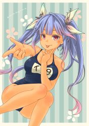 Rule 34 | 1girl, :p, absurdres, blue hair, blush, border, breasts, flower-shaped pupils, green background, hair ribbon, highres, i-19 (kancolle), kantai collection, large breasts, long hair, looking at viewer, name tag, one-piece swimsuit, pot-de, red eyes, ribbon, school swimsuit, sitting, solo, striped, striped background, swimsuit, symbol-shaped pupils, tongue, tongue out, tri tails, white border