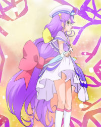 Rule 34 | 1girl, ahoge, blush, bow, brown eyes, closed mouth, cure coral, facial mark, fingerless gloves, gloves, hair bow, haruyama kazunori, hat, heart, heart facial mark, lifting own clothes, long hair, magical girl, no panties, precure, profile, purple hair, red bow, smile, solo, standing, suzumura sango, tropical-rouge! precure, very long hair, white gloves, white hat, yellow bow