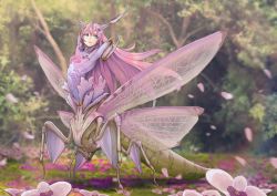 Rule 34 | 1girl, antennae, arched back, armpits, arms up, arthropod girl, blue eyes, breasts, crossed bangs, female focus, flower, full body, highres, insect wings, long hair, mantis girl, monster girl, nature, nekoemonn, original, outdoors, parted lips, pink hair, skin tight, small breasts, solo, standing, taur, very long hair, wings