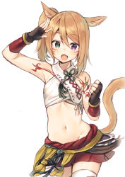 Rule 34 | 1girl, animal ears, arm up, black gloves, cat ears, cat girl, cat tail, fang, final fantasy, final fantasy xiv, fingerless gloves, gloves, green eyes, hair between eyes, heterochromia, light brown hair, looking at viewer, midorikawa you, midriff, miqo&#039;te, navel, open mouth, pleated skirt, purple eyes, red skirt, revision, side ponytail, simple background, skirt, solo, tail, tail raised, tattoo, thighhighs, white background, white thighhighs