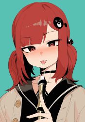 Rule 34 | 1girl, absurdres, bad id, bad pixiv id, blue background, blush, choker, flute, hair ornament, heart, heart-shaped pupils, highres, instrument, jin rou, looking at viewer, original, recorder, red eyes, red hair, saliva, saliva trail, school uniform, serafuku, simple background, solo, symbol-shaped pupils, twintails