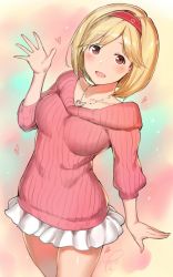 Rule 34 | 10s, 1girl, blonde hair, blush, casual, cowboy shot, djeeta (granblue fantasy), granblue fantasy, hairband, head tilt, heart, heart necklace, jewelry, light smile, looking at viewer, miniskirt, necklace, open mouth, pendant, poco (backboa), red eyes, ribbed sweater, shirt, short hair, skirt, solo, sweater, waving, white shirt