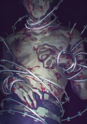 Rule 34 | 1boy, black background, blood, blood on arm, blood on face, chain, clenched teeth, hand up, head out of frame, injury, needle, omori yakumo, pants, topless male, solo, teeth, tokyo ghoul, zoo (oukakumaku)