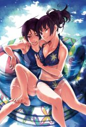 Rule 34 | 2girls, ball, barefoot, beachball, bikini, blush, breasts, cleavage, closed mouth, collarbone, couple, family, feet, halterneck, head tilt, incest, innertube, kanoe kirie, kanoe yuuko, large breasts, looking at viewer, maybe, medium breasts, midriff, multiple girls, navel, neck, non-web source, official art, one-piece swimsuit, one eye closed, open mouth, partially submerged, purple eyes, purple hair, school swimsuit, short hair, smile, swim ring, swimsuit, tasogare otome x amnesia, toes, wading pool, water, wet, wink, yuri