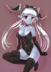 Rule 34 | 1girl, bare shoulders, black thighhighs, blue skin, bow, bowtie, breasts, choker, cleavage, colored skin, demon girl, elbow gloves, female focus, gloves, horns, jpeg artifacts, katahira masashi, long hair, original, pointy ears, red eyes, ribbon choker, sketch, smile, solo, strapless, thighhighs, twintails, white hair