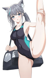 Rule 34 | 1girl, animal ear fluff, animal ears, bag, black one-piece swimsuit, blue archive, blue eyes, breasts, cameltoe, commentary request, competition swimsuit, covered navel, cowboy shot, cross hair ornament, extra ears, grey hair, hair ornament, halo, highres, kagemi, looking at viewer, low ponytail, medium breasts, medium hair, mismatched pupils, multicolored clothes, multicolored swimsuit, official alternate costume, one-piece swimsuit, shiroko (blue archive), shiroko (swimsuit) (blue archive), simple background, solo, split, standing, standing on one leg, standing split, swimsuit, white background, wolf ears