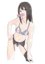 Rule 34 | 10s, 1girl, black thighhighs, bra, breasts, breasts apart, brown hair, commentary request, condom box, cropped legs, crotchless, crotchless panties, facing viewer, functionally nude, garter belt, garter straps, green eyes, hand on own hip, hand on own knee, highres, idolmaster, idolmaster cinderella girls, in mouth, leaning forward, long hair, looking at viewer, mouth hold, muchi maro, navel, nipple cutout, nippleless clothes, nipples, panties, pussy cutout, shibuya rin, simple background, single thighhigh, small breasts, small nipples, solo, standing, thighhighs, underwear, white background