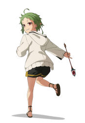 Rule 34 | 1girl, black shorts, elf, from behind, green hair, highres, holding, holding wand, hood, hooded jacket, jacket, mushoku tensei, pointy ears, red eyes, running, sandals, shadow, short hair, shorts, solo, sylphiette (mushoku tensei), wand, white background, white jacket, yoxtut
