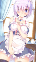 Rule 34 | 1girl, :&lt;, alternate costume, apron, black thighhighs, blush, breasts, closed mouth, cup, fate/grand order, fate (series), hair over one eye, highres, large breasts, looking at viewer, maid, maid apron, maid headdress, mash kyrielight, purple eyes, purple hair, short hair, solo, teacup, thighhighs, umitonakai
