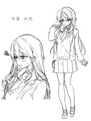 Rule 34 | 1girl, :d, bandaged hand, bandages, blazer, blush, breasts, collared shirt, commentary request, cropped torso, genderswap, genderswap (mtf), greyscale, hair between eyes, hand up, jacket, kenmochi touya, loafers, long hair, long sleeves, monochrome, multiple views, necktie, nijisanji, open clothes, open jacket, open mouth, pleated skirt, school uniform, shirt, shoes, simple background, skirt, sleeves past wrists, small breasts, smile, squiggle, standing, sweater, translation request, v-shaped eyebrows, very long hair, virtual youtuber, white background, yamabukiiro