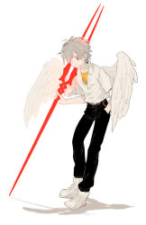 Rule 34 | 0930erina, 1boy, belt, bident, black pants, boots, collar, full body, grey hair, hair over one eye, hand in pocket, holding, holding polearm, holding spear, holding weapon, lance of longinus (evangelion), looking at viewer, male focus, nagisa kaworu, neon genesis evangelion, pants, polearm, shirt, short hair, simple background, solo, spear, standing, weapon, white background, white collar, white footwear, white shirt, white wings, wings, yellow collar